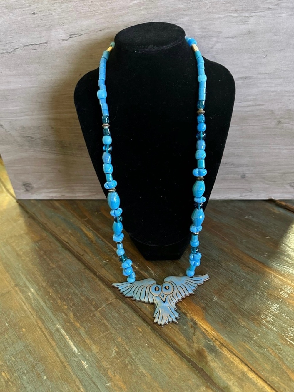 Signed Dasch Handmade Blue Owl Pendant Necklace Adjustable Artisan Beaded